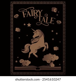 Flat style unicorn among clouds, star and rose. A lively fairy tale in warm colors with a vintage frame. Children's fantasy book cover. A fairy tale creature. Magic and enchantment. Children's dream.