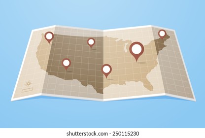 Flat style United States of America map with gps pointers .Layered vector illustration EPS 10 file. 