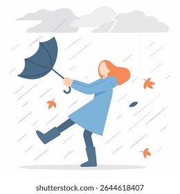 Flat Style Upset Girl with Umbrella in Rainstorm Weather Illustration
