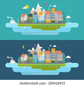Flat Style Urban Landscape. Small Town on the Shore of the Ocean.