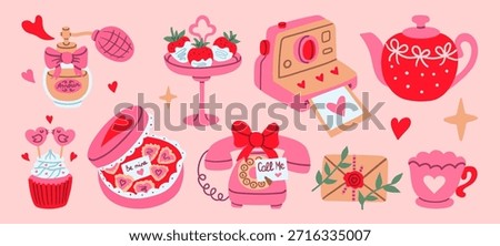 Flat style Valentine illustration set with vintage perfume, chocolate strawberries, instant camera, teapot, lovebird cupcake, heart candy box, rotary phone, sealed letter, and heart cup