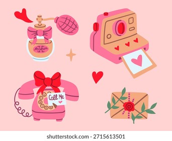 Conjunto de mensajes de amor de San Valentín de estilo plano con botella de perfume vintage, cámara instantánea, teléfono giratorio y sobre sellado, perfecto para tarjetas románticas, redes sociales y diseños lindos con temas de comunicación.