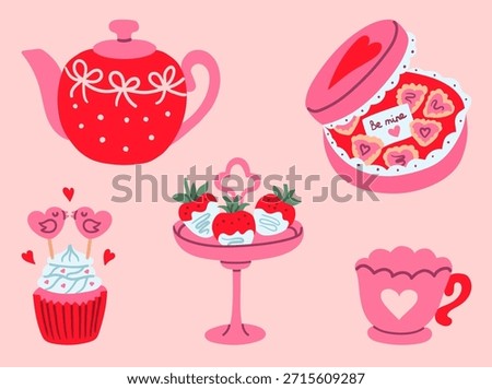 Flat style Valentine tea time set with red teapot, heart chocolate box, dipped strawberries, lovebird cupcake, and pink heart cup, perfect for romantic cards, cafe branding, and sweet party decor. 