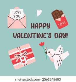 Flat style Valentine's Day card featuring a love letter, chocolate bar, wrapped gift, and dove holding a flower. A charming and festive design for romantic occasions and celebrations.