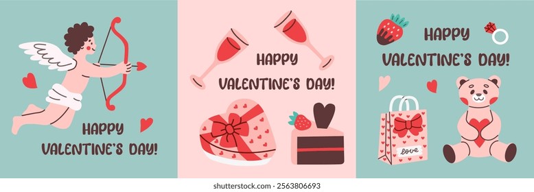 Flat style Valentine's Day card collection with cute illustrations of cupid, champagne glasses, heart-shaped box, teddy bear, gift bag, and chocolate cake. Ideal for romantic designs, celebrations.