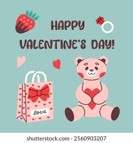 Flat style Valentine's Day greeting card featuring a cute teddy bear holding a heart, a gift bag, chocolate-dipped strawberry, and a diamond ring. Perfect for romantic and festive designs.