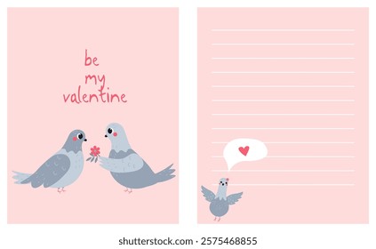 Flat style Valentine's Day illustration featuring two pigeons with a flower and a lined page for notes, ideal for greeting cards, romantic messages, and festive designs.