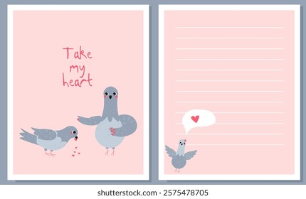 Flat style Valentine's Day illustration featuring two pigeons exchanging hearts and a lined page for notes, ideal for romantic cards, messages, and festive designs.