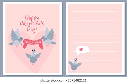 Flat style Valentine's Day illustration featuring pigeons holding a ribbon with the phrase "Our Love Soars" and a lined page for notes, perfect for romantic messages and festive cards.