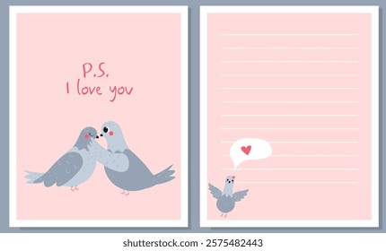 Flat style Valentine's Day illustration featuring two pigeons with the phrase "P.S. I love you" and a lined page for notes, ideal for romantic messages, greeting cards, and festive designs.