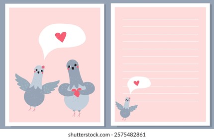 Flat style Valentine's Day illustration featuring pigeons exchanging hearts with speech bubbles and a lined page for notes, perfect for romantic messages, greeting cards, and festive designs.