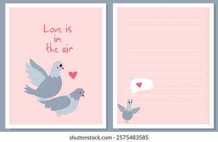 Flat style Valentine's Day illustration featuring pigeons with hearts and the phrase "Love is in the air," paired with a lined page for notes, ideal for romantic messages and festive designs.