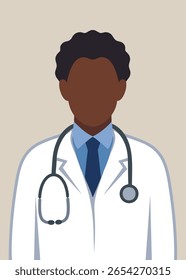 Flat style vector of an African American male doctor with stethoscope. Suitable for clinic branding, Doctor’s Day graphics, medical websites, and healthcare materials.