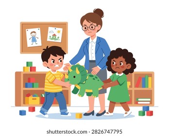 Flat style vector of angry kids fighting over toys in a classroom with a teacher intervening. Perfect for parenting blogs, educational material, or child behavior guides