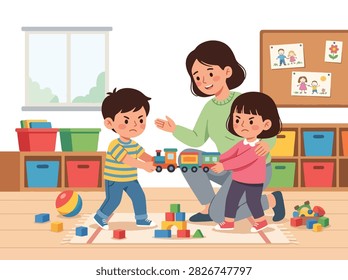 Flat style vector of angry kids fighting over toys in a classroom with a teacher intervening. Perfect for parenting blogs, educational material, or child behavior guides