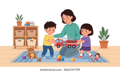 Flat style vector of angry kids fighting over toys in a classroom with a teacher intervening. Perfect for parenting blogs, educational material, or child behavior guides