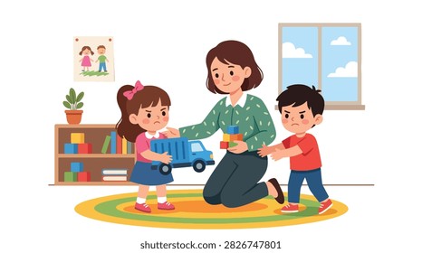 Flat style vector of angry kids fighting over toys in a classroom with a teacher intervening. Perfect for parenting blogs, educational material, or child behavior guides