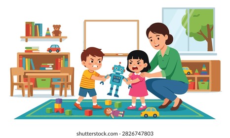 Flat style vector of angry kids fighting over toys in a classroom with a teacher intervening. Perfect for parenting blogs, educational material, or child behavior guides
