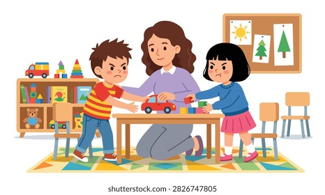 Flat style vector of angry kids fighting over toys in a classroom with a teacher intervening. Perfect for parenting blogs, educational material, or child behavior guides