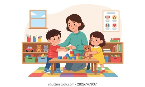 Flat style vector of angry kids fighting over toys in a classroom with a teacher intervening. Perfect for parenting blogs, educational material, or child behavior guides