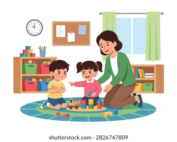 Flat style vector of angry kids fighting over toys in a classroom with a teacher intervening. Perfect for parenting blogs, educational material, or child behavior guides