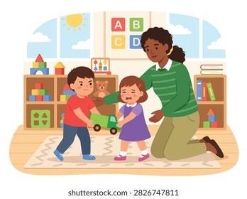 Flat style vector of angry kids fighting over toys in a classroom with a teacher intervening. Perfect for parenting blogs, educational material, or child behavior guides