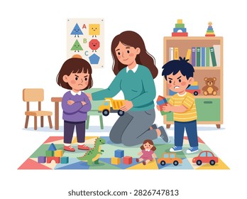 Flat style vector of angry kids fighting over toys in a classroom with a teacher intervening. Perfect for parenting blogs, educational material, or child behavior guides