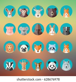 Flat Style Vector Animal Portraits or Avatars Icon Set with Blurred Abstract Background.