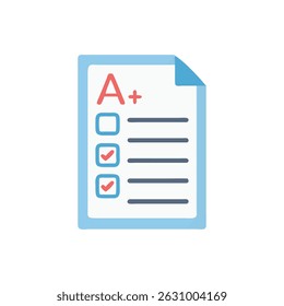 Flat style vector art showing an A plus grade on a paper with checkboxes and lines.