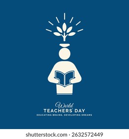 A flat style vector artwork celebrating World Teachers’ Day, featuring a human figure, an open book, a tree, and a glowing light bulb symbolizing education, growth, and enlightenment.