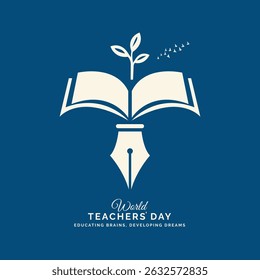 A flat style vector artwork celebrating World Teachers’ Day, featuring a tree growing from a book through a pen nib and a bird taking flight symbolizing education, growth, and intellectual freedom.