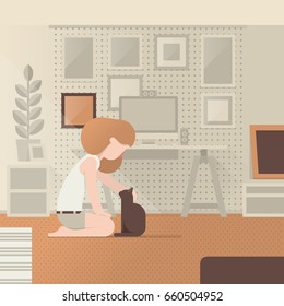 flat style vector background with girl petting a cat