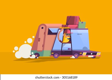 flat style vector background with hipster guy in a car