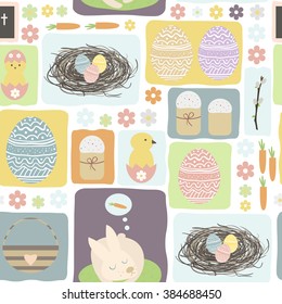 Flat style vector background on Happy Easter Day. Seamless pattern with Easter symbols. Easter eggs, bunny, easter cake, nest, chicken, willow branch. 