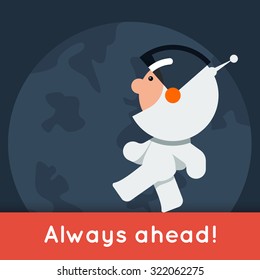 Flat style vector banner with little funny astronaut walking on the ground. Illustration for your title, header or advertising image.
