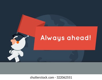 Flat style vector banner with little funny astronaut and big red flag. Illustration for your title, header or advertising image.