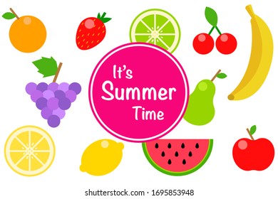 Flat style of vector banner Its summer time with colorful elements of summer fruit isolated on white