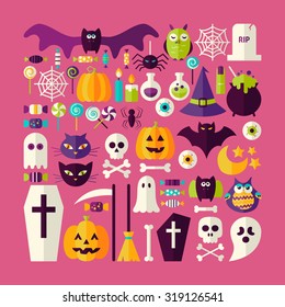 Flat Style Vector Big Set of Halloween Holiday Objects and Elements. Set of Scary October Autumn Halloween Holiday Colorful Objects. Bundle of Tricks and Treats Items. Design Elements