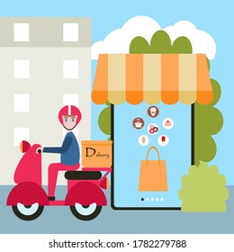 Flat style vector of boy riding scooter to deliver food and drink or goods to customers according to online orders. Illustrstion cartoon for shopping application, online delivery service concept.