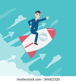 Flat style vector businessman growth and start up concept A man flying on the rocket raising his hand in the air. Start up business concept. Vector line design illustration