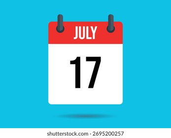 Ícone de calendário de vetor de estilo plano com página mostrando 17 de julho em um plano de fundo azul claro. O quadro vermelho realça a data com números claros.