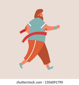 Flat style vector character of an athlete winning the race. Runnig chubby man illustration