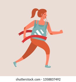 Flat style vector character of an athlete winning the race. Runnig woman illustration