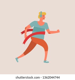 Flat style vector character of an athlete winning the race. Runnig man illustration