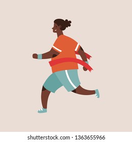 Flat style vector character of an athlete winning the race. Runnig curvy woman illustration