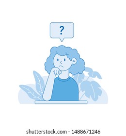 Flat style vector character of a girl thinking with a question mark in a speech bubble