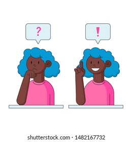 Flat style vector character of a woman thinking about a problem and having a great idea