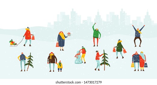 Flat style vector characters. Illustration of different people in winter city. 