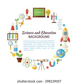Flat Style Vector Circle Collection of Science and Education Colorful  Objects. Chemistry Biology Astronomy Physics and Research. School Items Isolated over white. Template Design Elements and Text