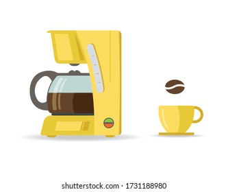 Flat style vector coffee maker with cup and a bean.